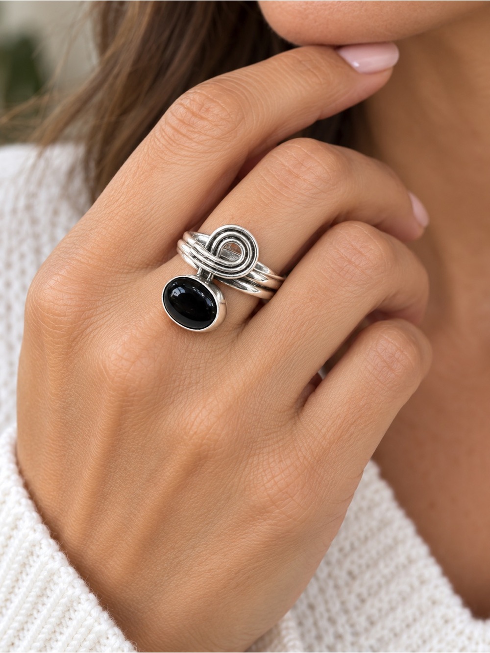 Sterling Silver Black Stone Stacked Ring 8 1/2